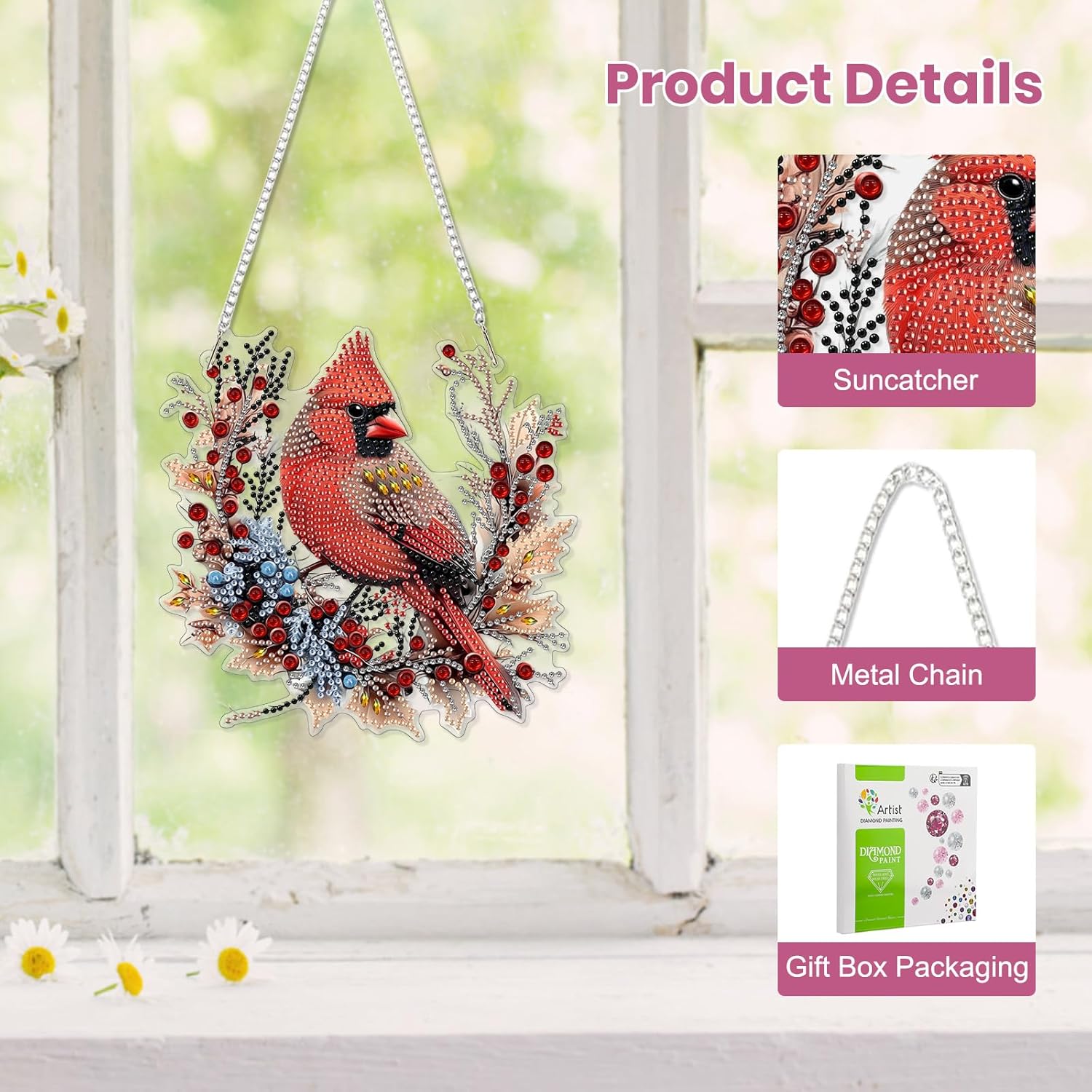 EOBROMD Diamond Hanging Art Kits for Adults Cardinal Birds, Suncatcher Diamond Art Painting, DIY