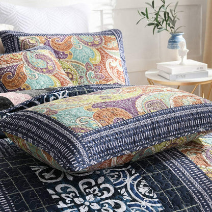 NEWLAKE Cotton Patchwork Bedspread, 3-Piece Bedding Quilt Set with Real Stitched Embroidery