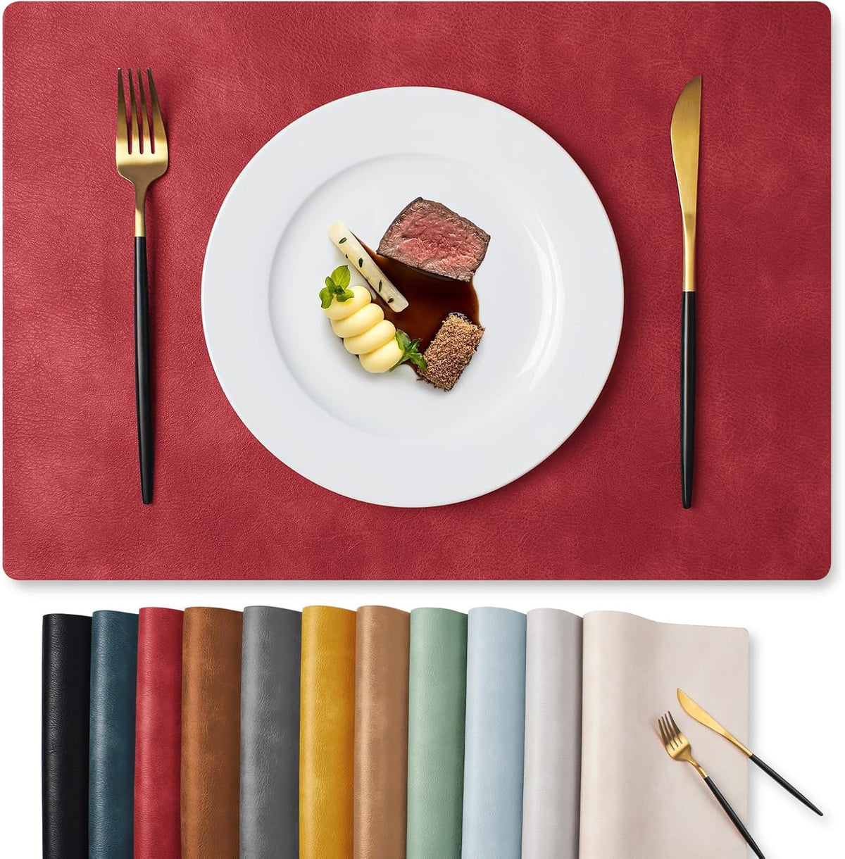 MOSAYT Vinyl Placemats Set of 6-12 X 17 Inch - Faux Leather 100% Waterproof Oil-Proof Wipeable PU