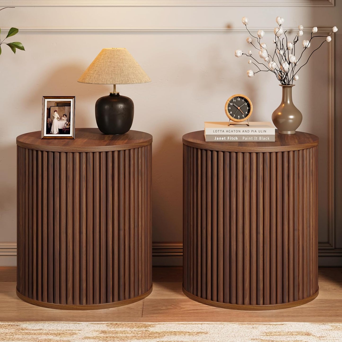 AVZEAR Small Round Side Table Fluted Night Stand Set of 2, Mid Century Modern End Table with