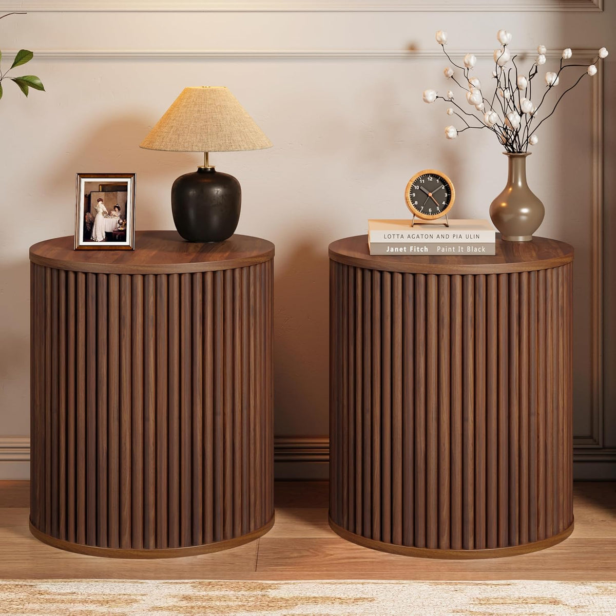 AVZEAR Small Round Side Table Fluted Night Stand Set of 2, Mid Century Modern End Table with
