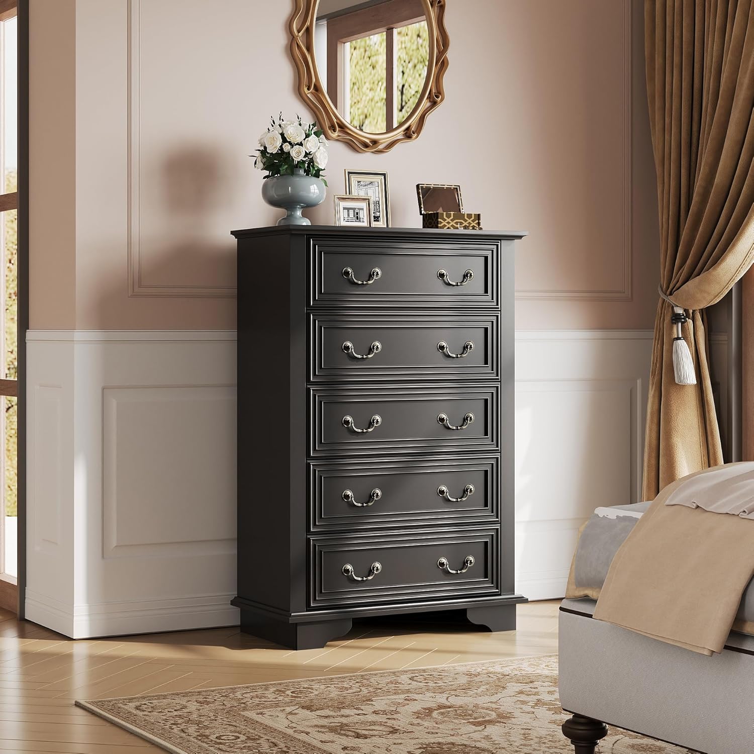 WLIVE Farmhouse Dresser for Bedroom, Tall Wood Dresser with 5 Drawer, Chest of Drawers with Roman