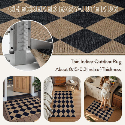 Lahome Checkered Easy Jute Kitchen Rug, 2x3 Indoor Door Mat Small Neutral Area Rug, Farmhouse