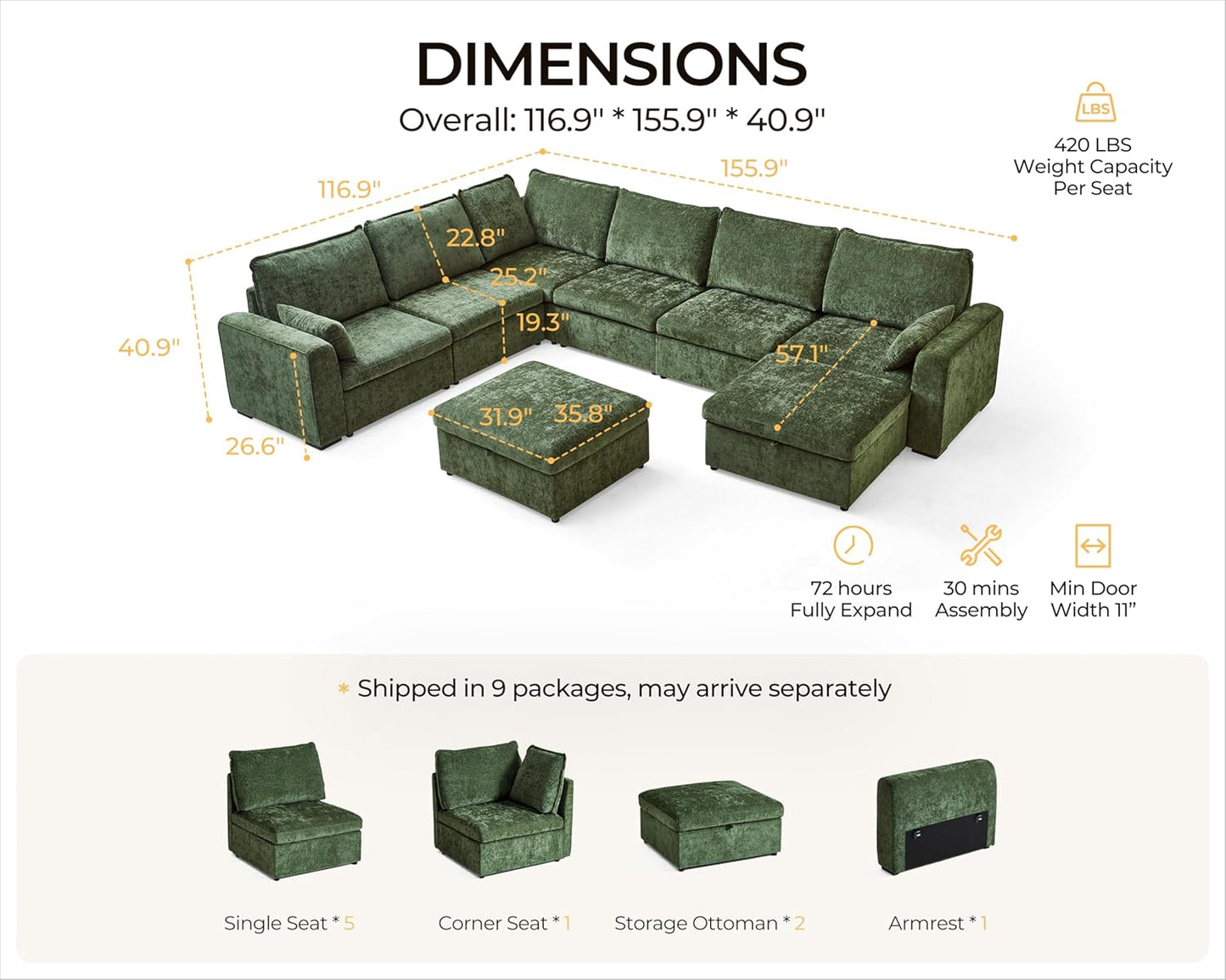 Oversized Modular Sofa Comfy Cloud Couch with Storage, Extra Deep Plush Sectional Sofa Set for
