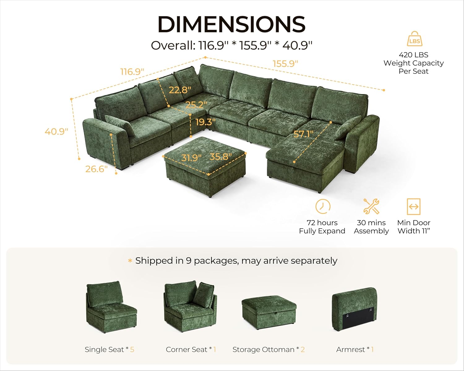 Oversized Modular Sofa Comfy Cloud Couch with Storage, Extra Deep Plush Sectional Sofa Set for