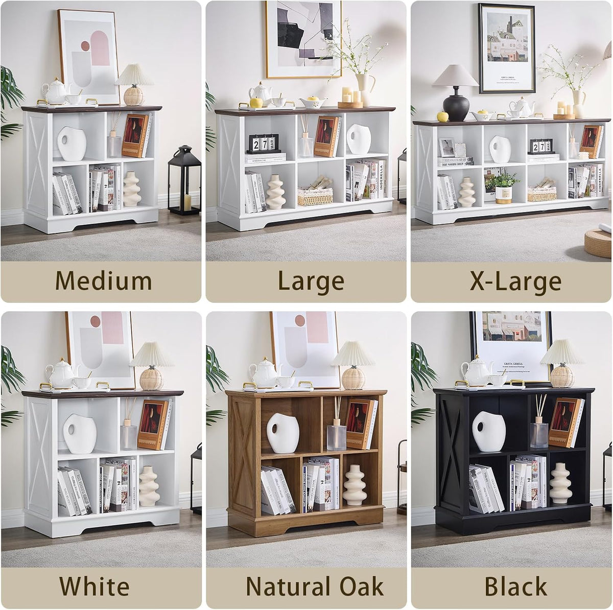 Farmhouse 6 Cube Bookshelf, Black Storage Organizer Bookcase, Kids Toy Storage Cabinet, Long