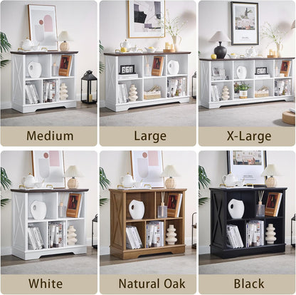 Farmhouse 6 Cube Bookshelf, Black Storage Organizer Bookcase, Kids Toy Storage Cabinet, Long