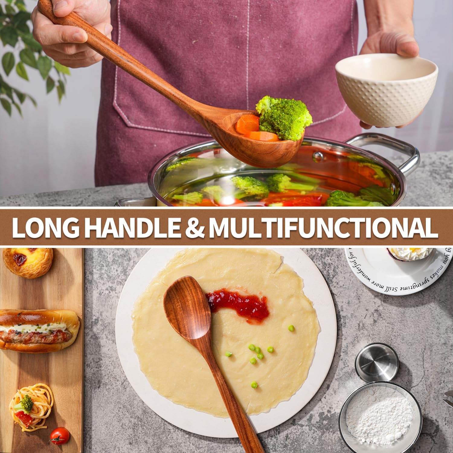 Gudamaye 13 inch Long Wooden Spoons for Cooking, 9 PCS Natural Teak Wooden Kitchen Utensil Set with