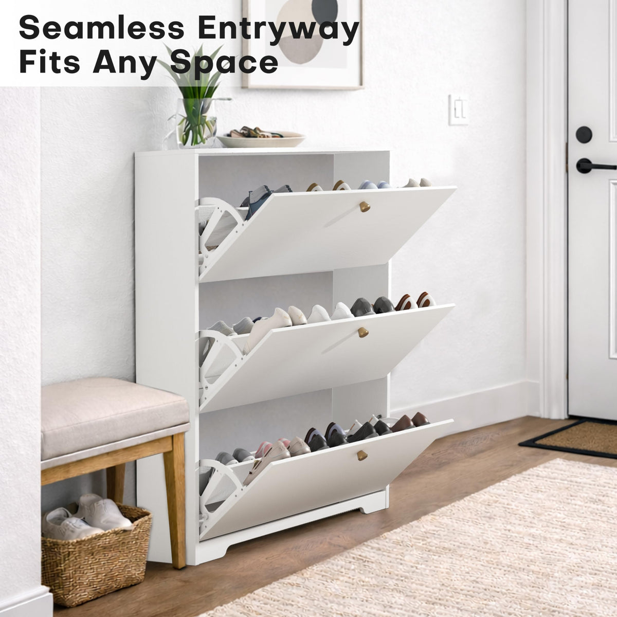 Nicetree Shoe Cabinet with 3 Flip Drawers, Modern Entryway Organizer, White