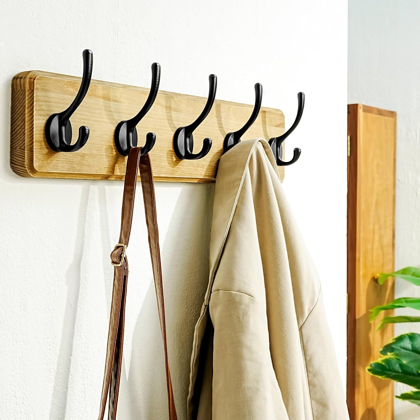 Dseap Coat Rack Wall: Patented, Heavy-Duty, 17.4" Long 5-Double-Hooks Wooden Wall Mounted Coat Rack