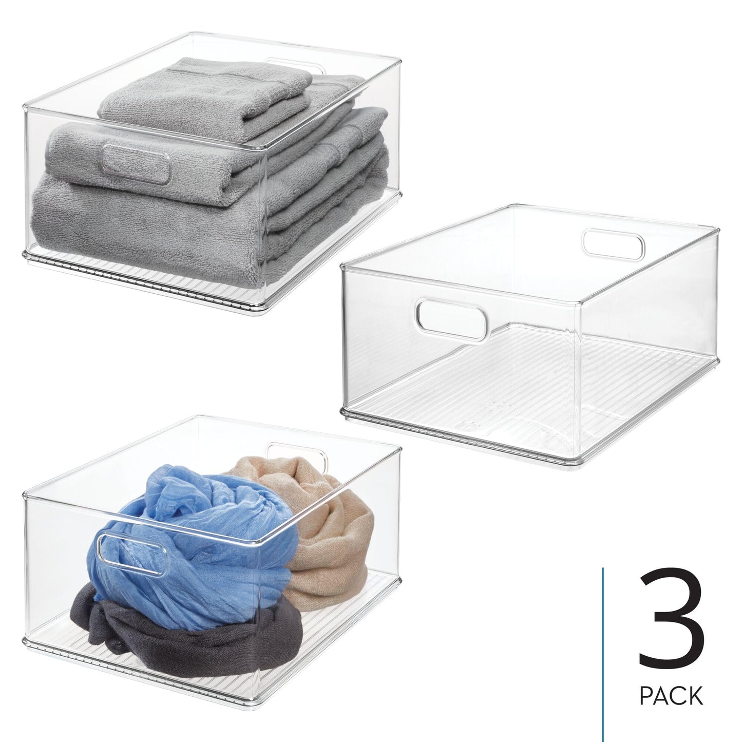 iDesign Storage Bins with Handles, Set of 3, Clear