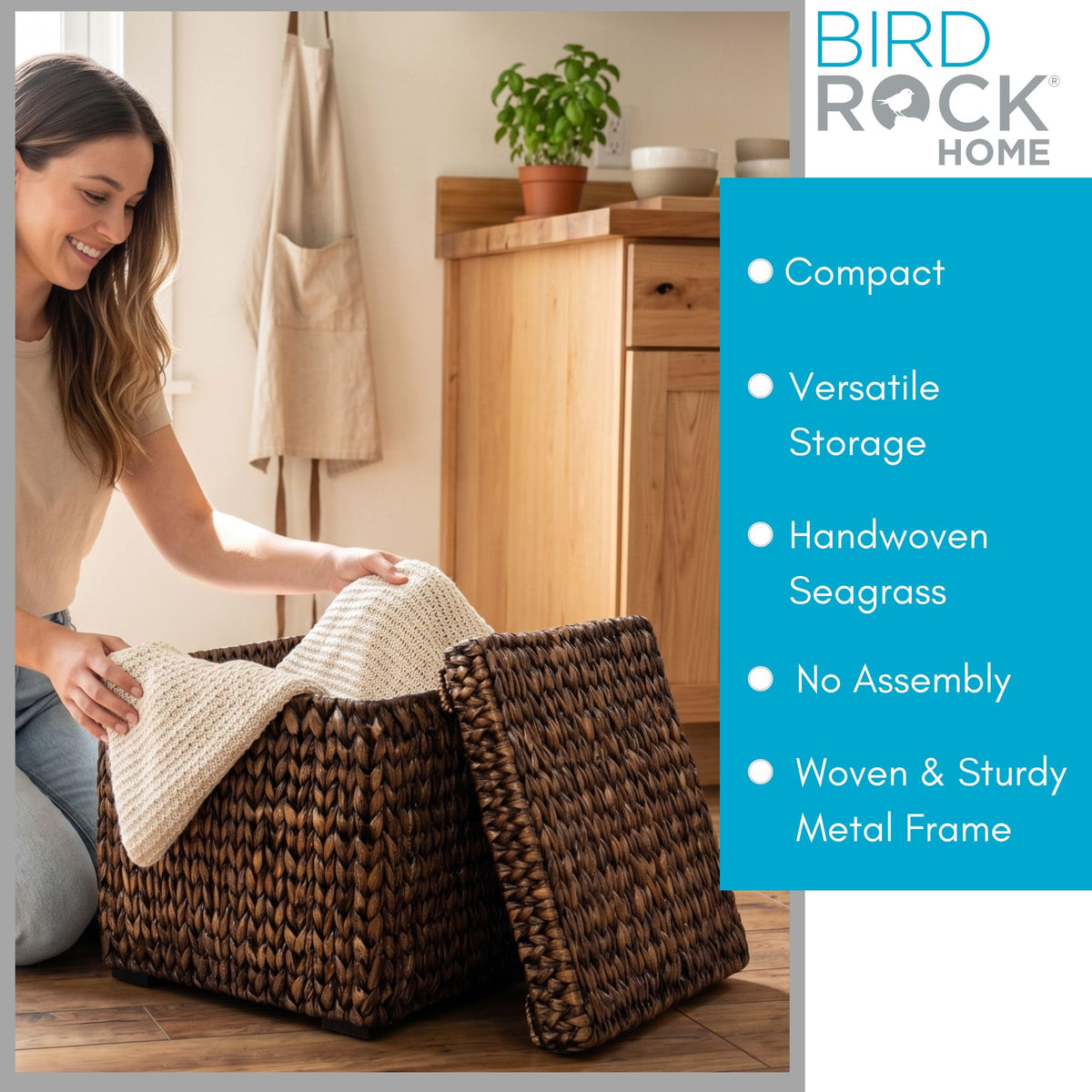 BIRDROCK HOME Storage Cube Box with Lid - Brown Wash Seagrass - Large Hand Woven Floor Container