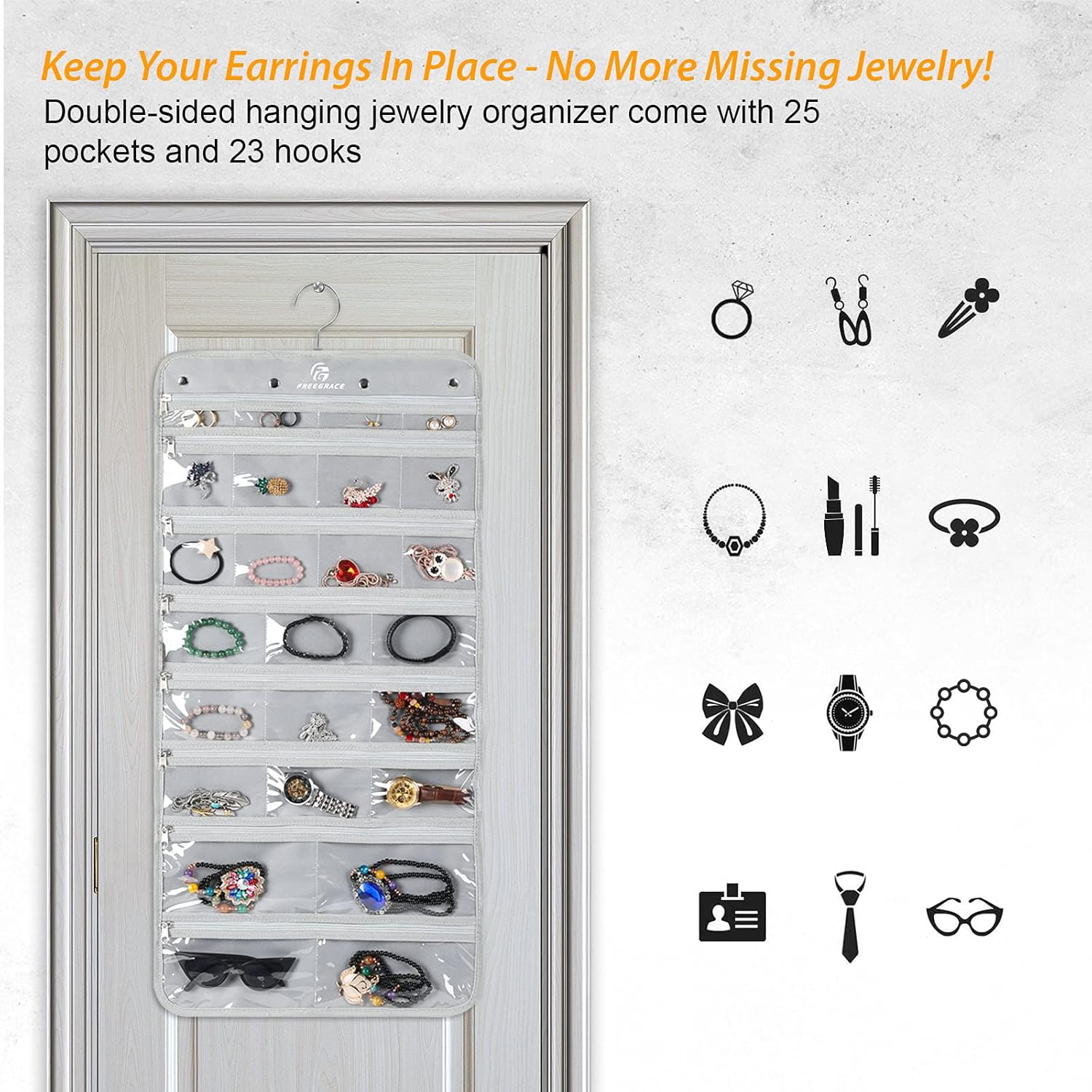 Freegrace Hanging Jewelry Organizer Revolving Hanger - Secure Zipper Closure - 25 Pockets,23 Hooks