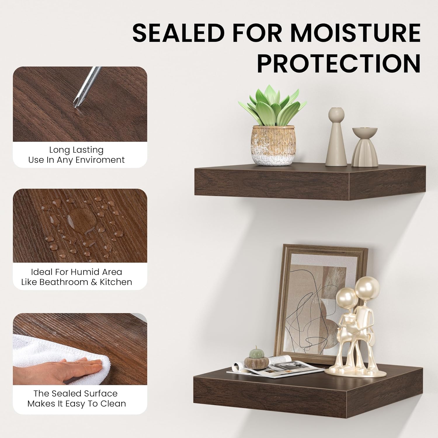 Square Floating Shelves for Wall, 8" W x 8" D x 1.2" H, Small Wooden Wall Mounted Display Shelves