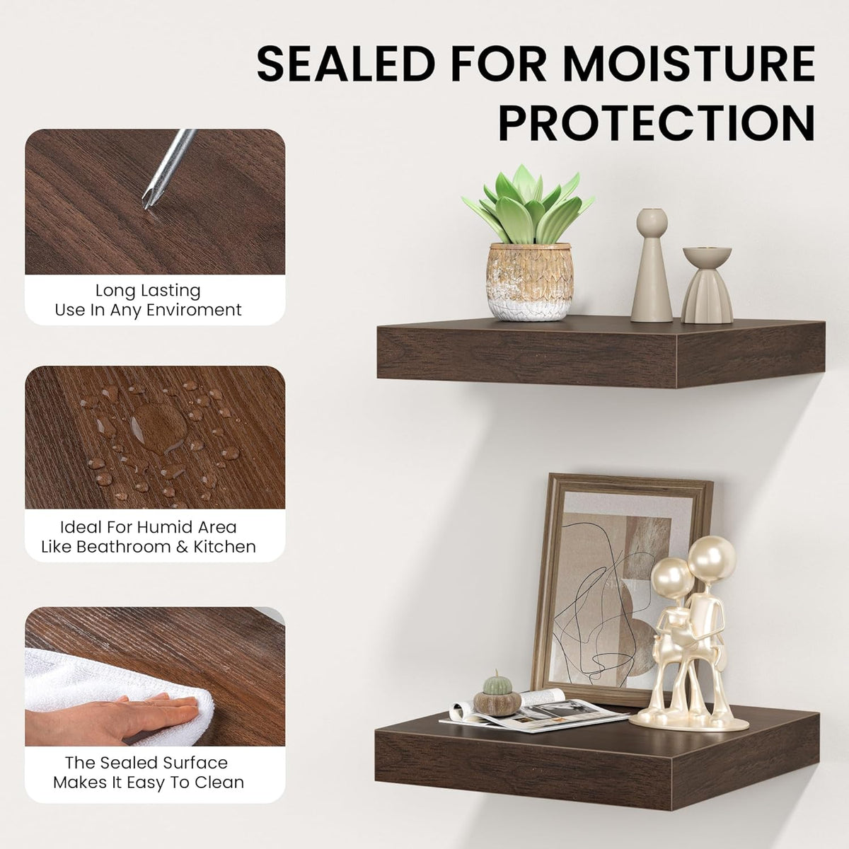 Square Floating Shelves for Wall, 12" W x 12" D x 1.2" H, Small Wooden Wall Mounted Display Shelves
