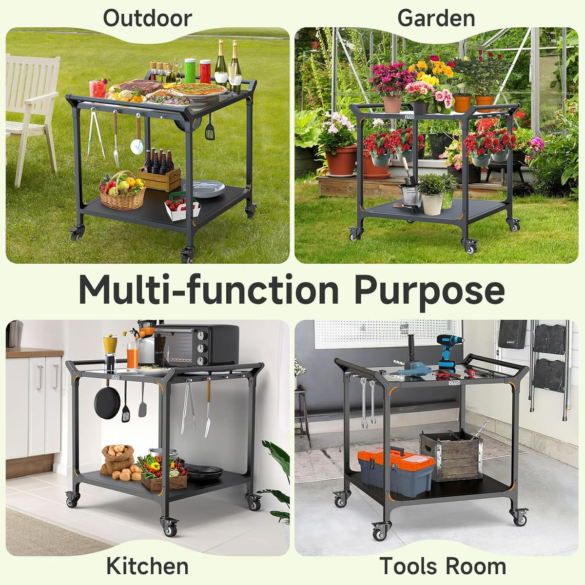 NUUK Grill Cart for Outdoor 32" x 32" Stainless Steel Pizza Oven Table with Double-Shelf Rolling