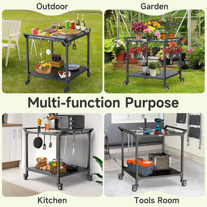 NUUK Grill Cart for Outdoor 32" x 32" Stainless Steel Pizza Oven Table with Double-Shelf Rolling
