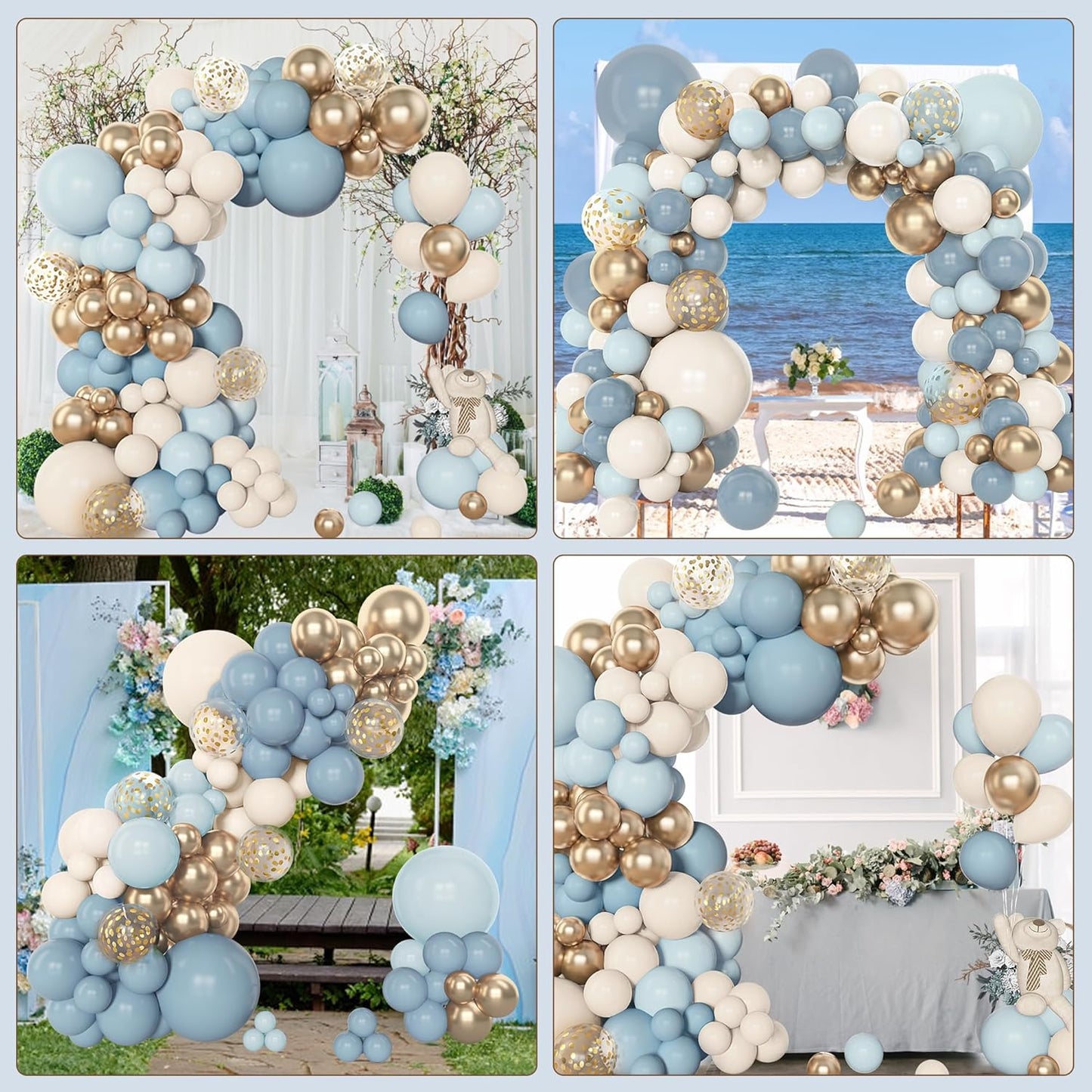 Amandir 153pcs Dusty Blue Balloon Garland Arch Kit, Different Sizes 18 12 10 5 inch Blue White Sand