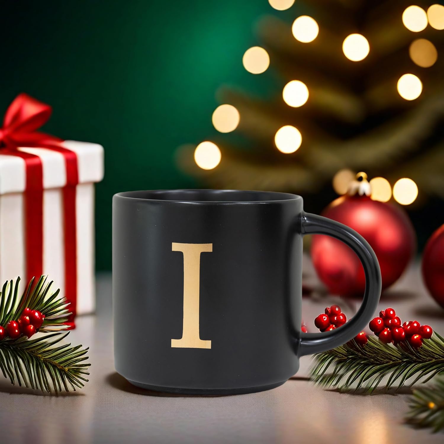 COLLECTIVE HOME - Monogram Ceramic Mugs, 15 oz Golden Initial Black Coffee Cups, Elegant Alphabet