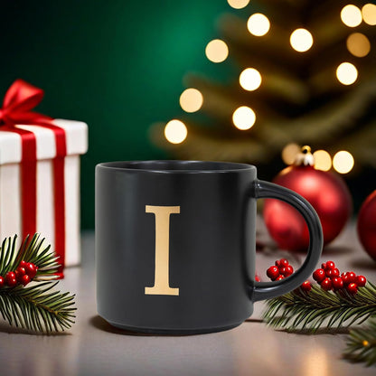 COLLECTIVE HOME - Monogram Ceramic Mugs, 15 oz Golden Initial Black Coffee Cups, Elegant Alphabet