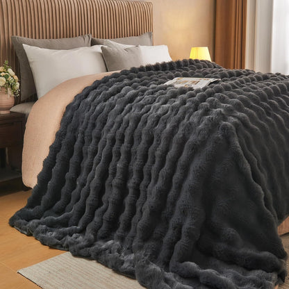Lotus Karen Queen Size Faux Fur Blanket Dark Gray - Big Bubble Rabbit Fluff Throw for Bed Large