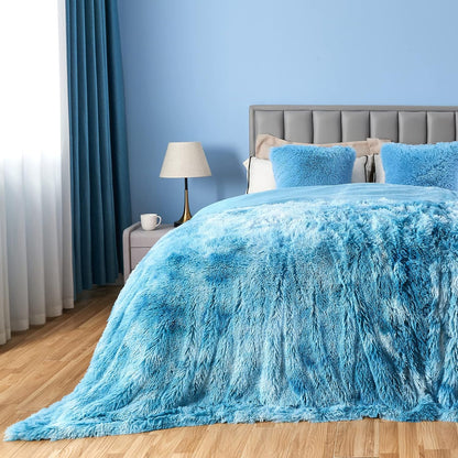 GONAAP Fuzzy Faux Fur Throw Blanket Queen Size Tie-dye Ocean Blue Super Soft Cozy Plush Fuzzy