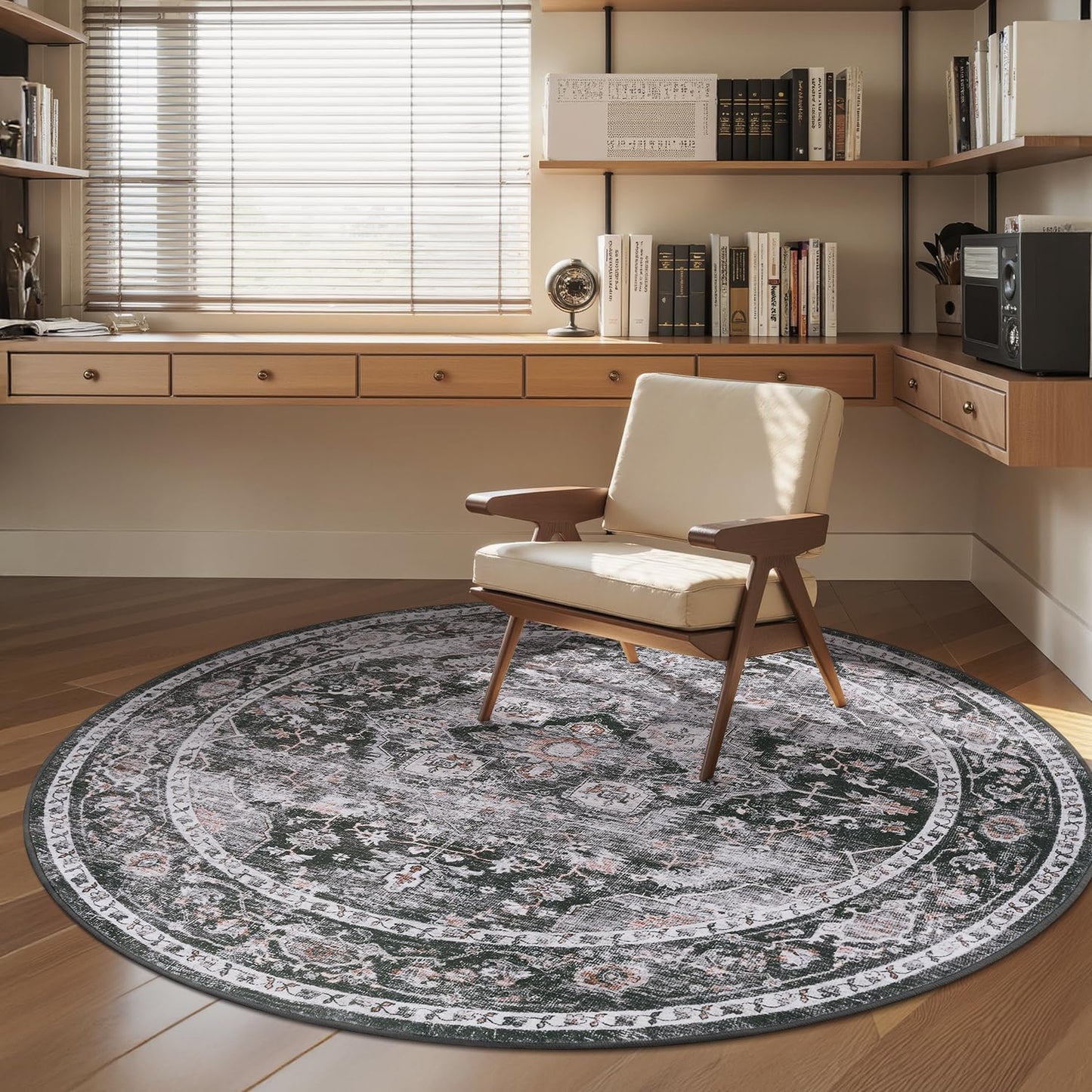 AMOAMI-6FT Round Rug-Rugs for Living Room-Vintage Soft Black Rugs for Bedroom-Non Slip Circle