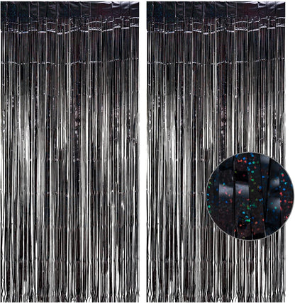 Black Tinsel Curtain Party Backdrop - GREATRIL Party Streamers Backdrop Foil Fringe Curtains for