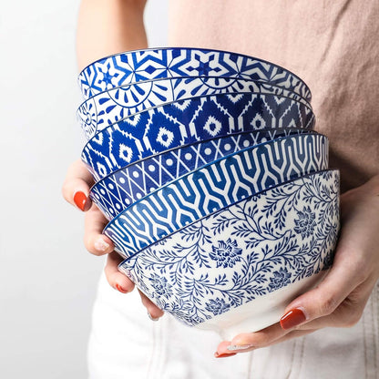 Selamica Blue and White Porcelain 20oz Cereal Bowl Set - Set of 6, 6 inch Soup Bowls, Ceramic bowls