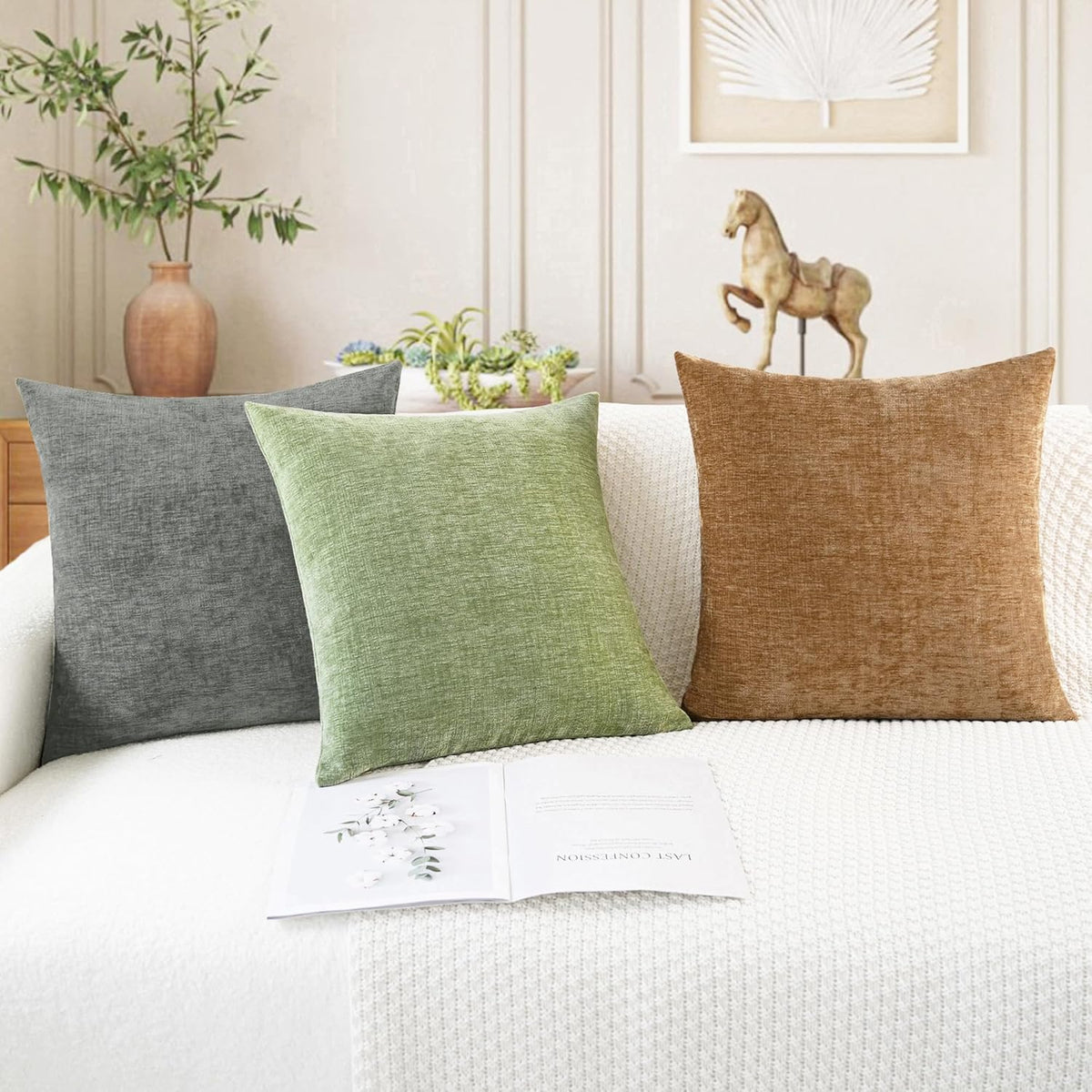 CaliTime Throw Pillow Covers Decorative 24 X 24 Inches Pack of 2 Cozy Chenille Cushion Cases for
