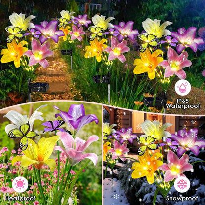 Solar Garden Lights Outdoor, 4 Pack Flower Lights for Outside, 16 Solar Lilies with Butterflies