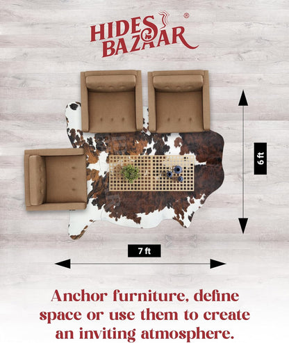 Tricolor Cowhide Rug Classic Brown, Black and White Color Mix, Natural Leather Hide, Area Rug