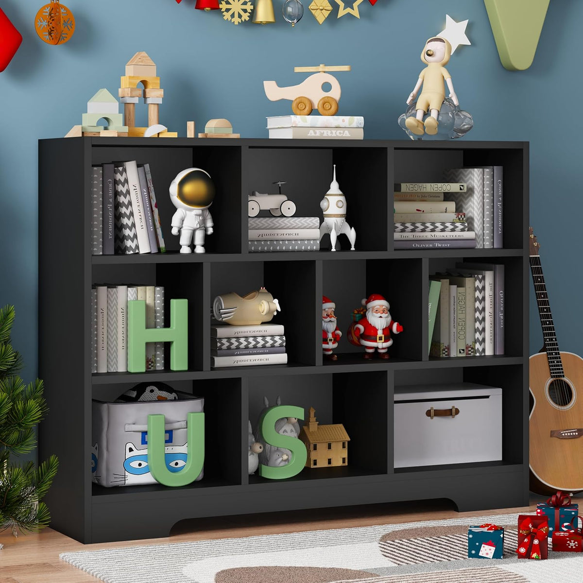 Book Shelf, 10 Cubes Storage Organizer, 3-Tier Open Shelf Wooden Bookcase, Freestanding Balck