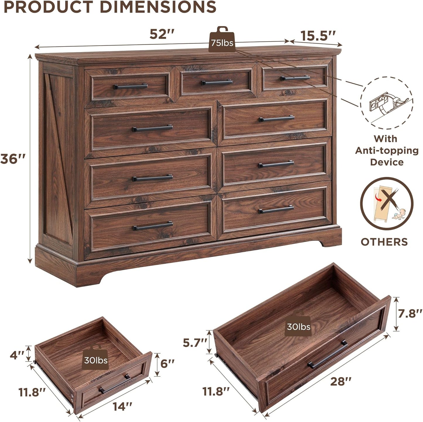 Farmhouse 9 Drawer Dresser for Bedroom, 36 Inch Tall Modern Dresser TV Stand with Large Drawers &