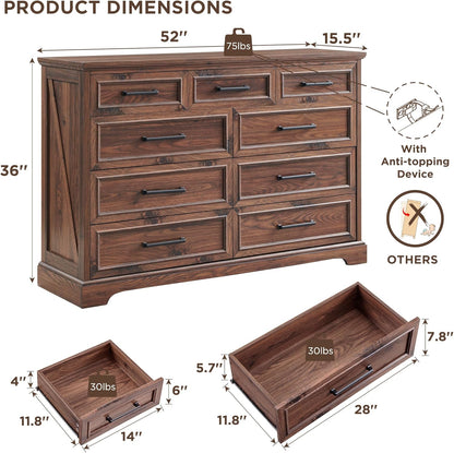 Farmhouse 9 Drawer Dresser for Bedroom, 36 Inch Tall Modern Dresser TV Stand with Large Drawers &