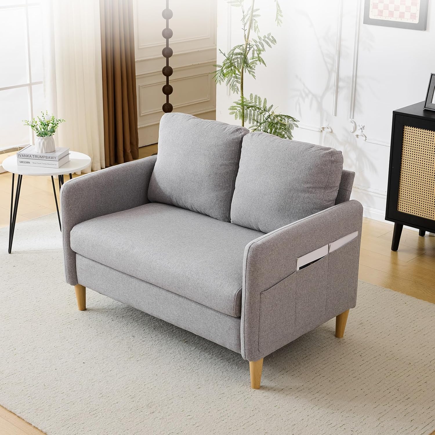 VINGLI 47" Small Couch, Linen Loveseat Sofa Light Grey Mini Couch Mid Century Modern Decor Love