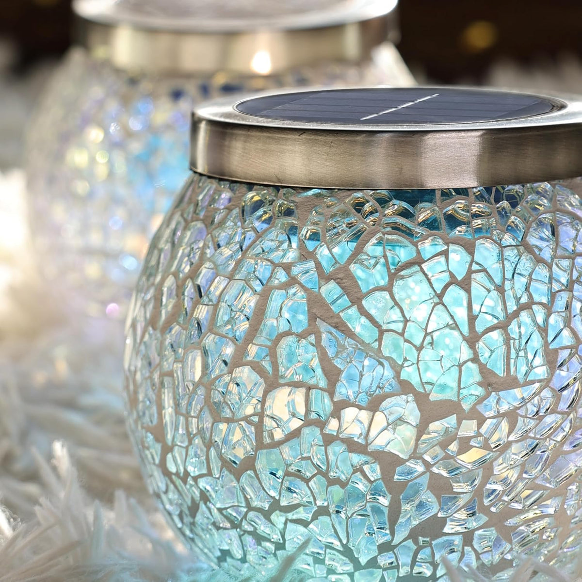 Cooo 4 Pack Heavy Solar Mosaic Crackle Glass Lights with Dual Solar Panels, Color-Changing RGB