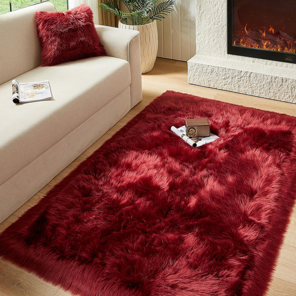 AMTOVO Faux Fur Sheepskin Rug for Living Room, 4 x 6 ft Burgundy Fluffy Area Rug for Bedroom
