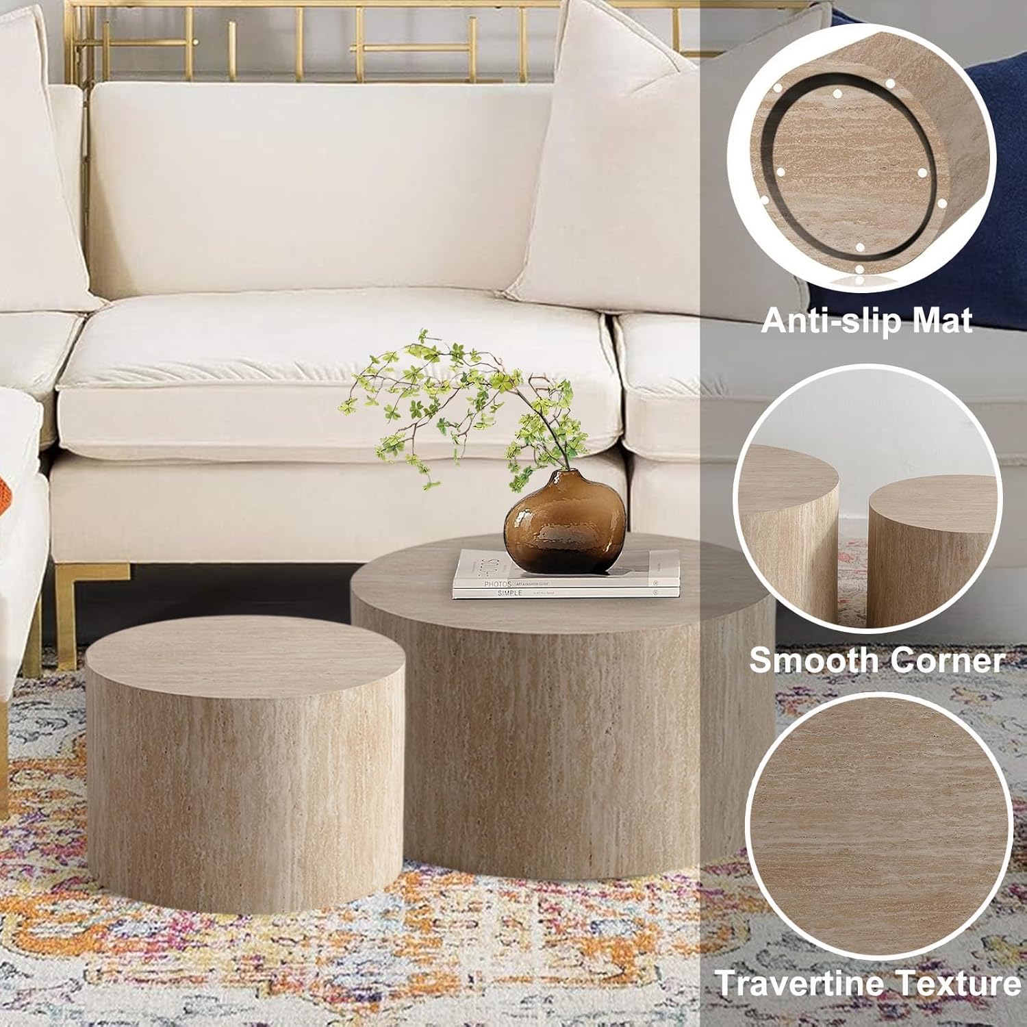 Round Nesting Coffee Table Set of 2, Modern Coffee and End Table Set Small Circle Wooden Drum Side