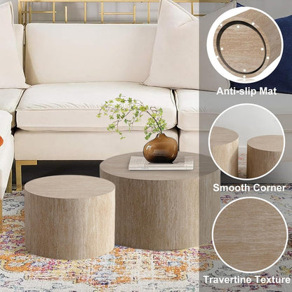 Round Nesting Coffee Table Set of 2, Modern Coffee and End Table Set Small Circle Wooden Drum Side