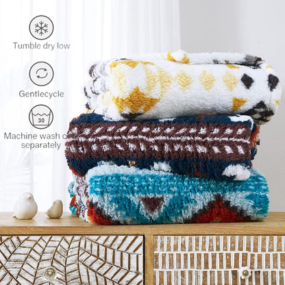 CASAAGUSTO Boho Sherpa Throw Blanket, Aztec Throw, Ultra Soft, Warm, Cozy, Plush, Thick Fleece