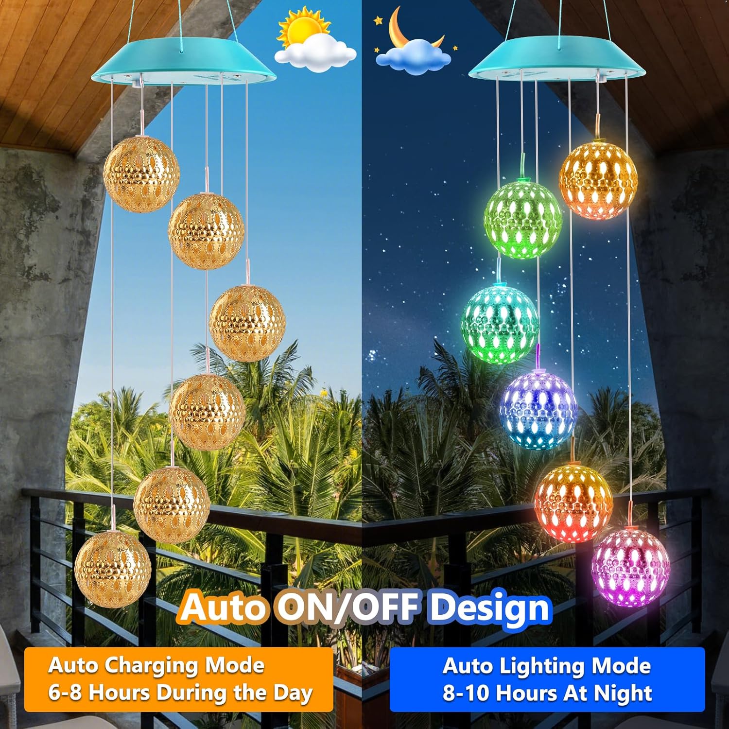 Toodour Solar Wind Chime, Color Changing Moroccan Ball Wind Chimes, LED Decorative Mobile, Gifts