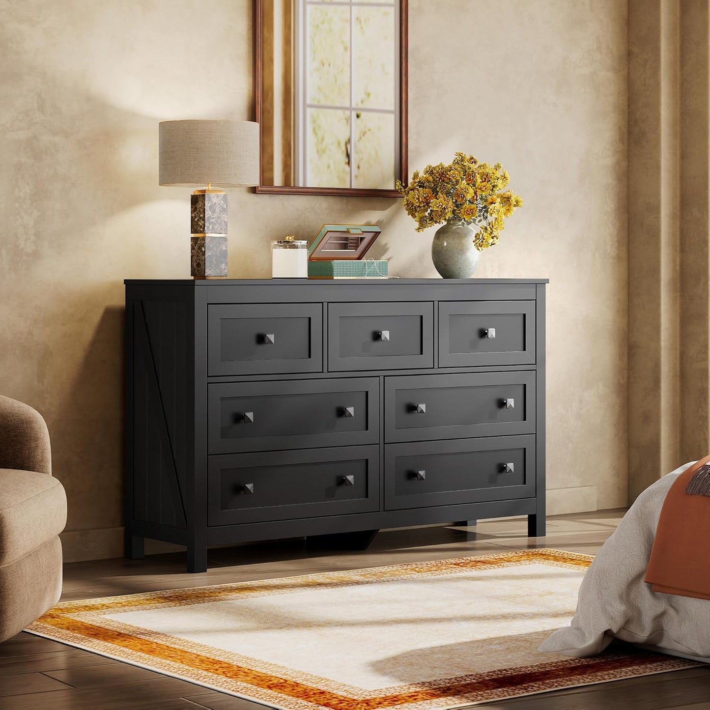 WLIVE Farmhouse Dresser for Bedroom, 51.18'' Wide 7 Drawer Wood Dresser, Black TV Stand for 65 inch