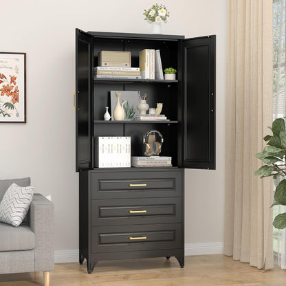 75" Kitchen Pantry Cabinet with 3 Drawers,Metal Storage Cabinets with Doors and 4 Adjustable