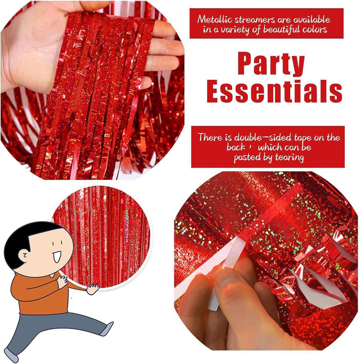 3 Pack Red Streamers Party Backdrop Christmas Decorations Foil Fringe Backdrop Curtains Carnival