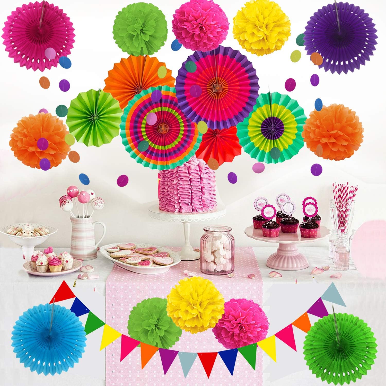 ZERODECO Party Decoration, 21 Pcs Multi-color Hanging Paper Fans, Pom Poms Flowers, Garlands String