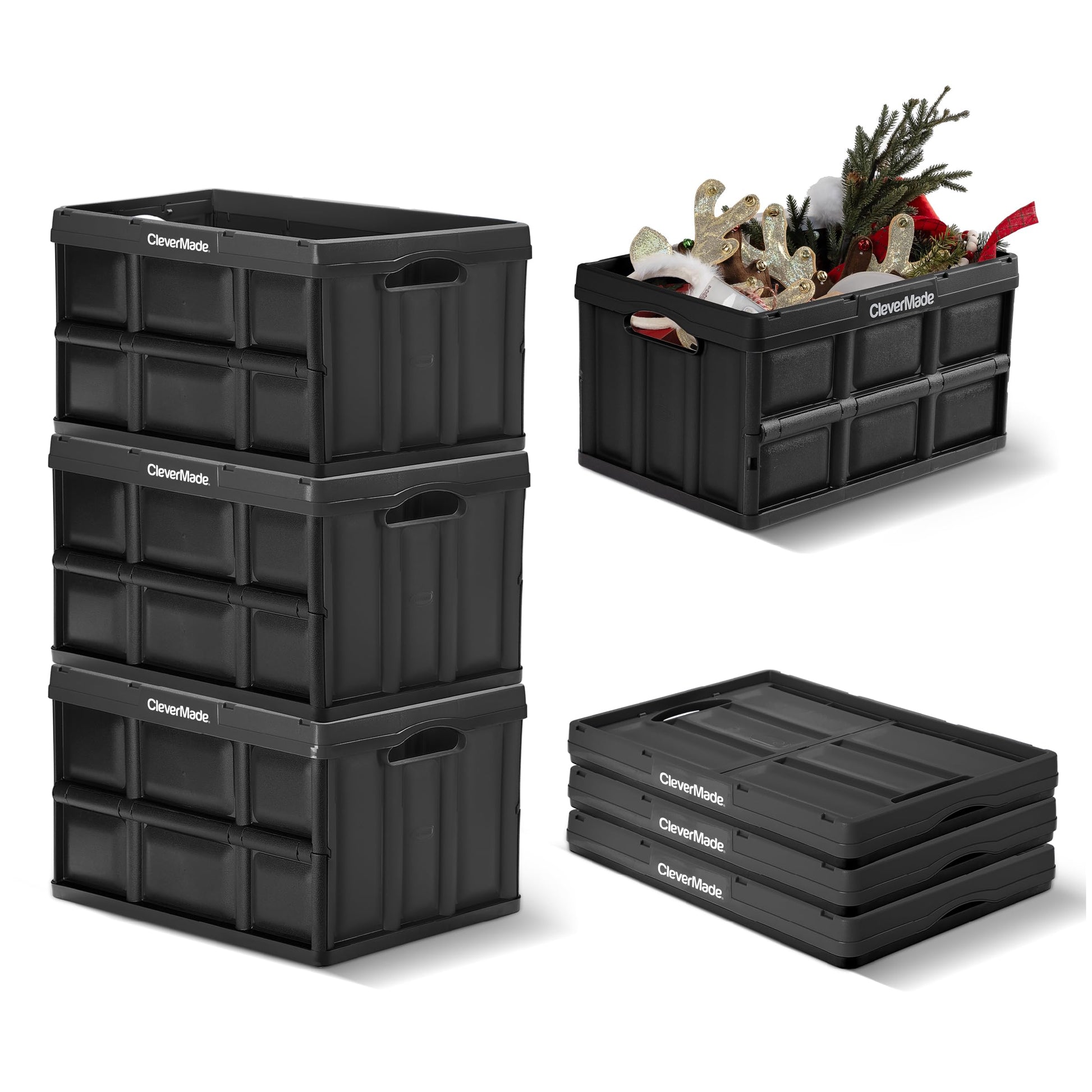 CleverMade Collapsible Storage Bins, 46L, 3 Pack Foldable Storage, Obsidian