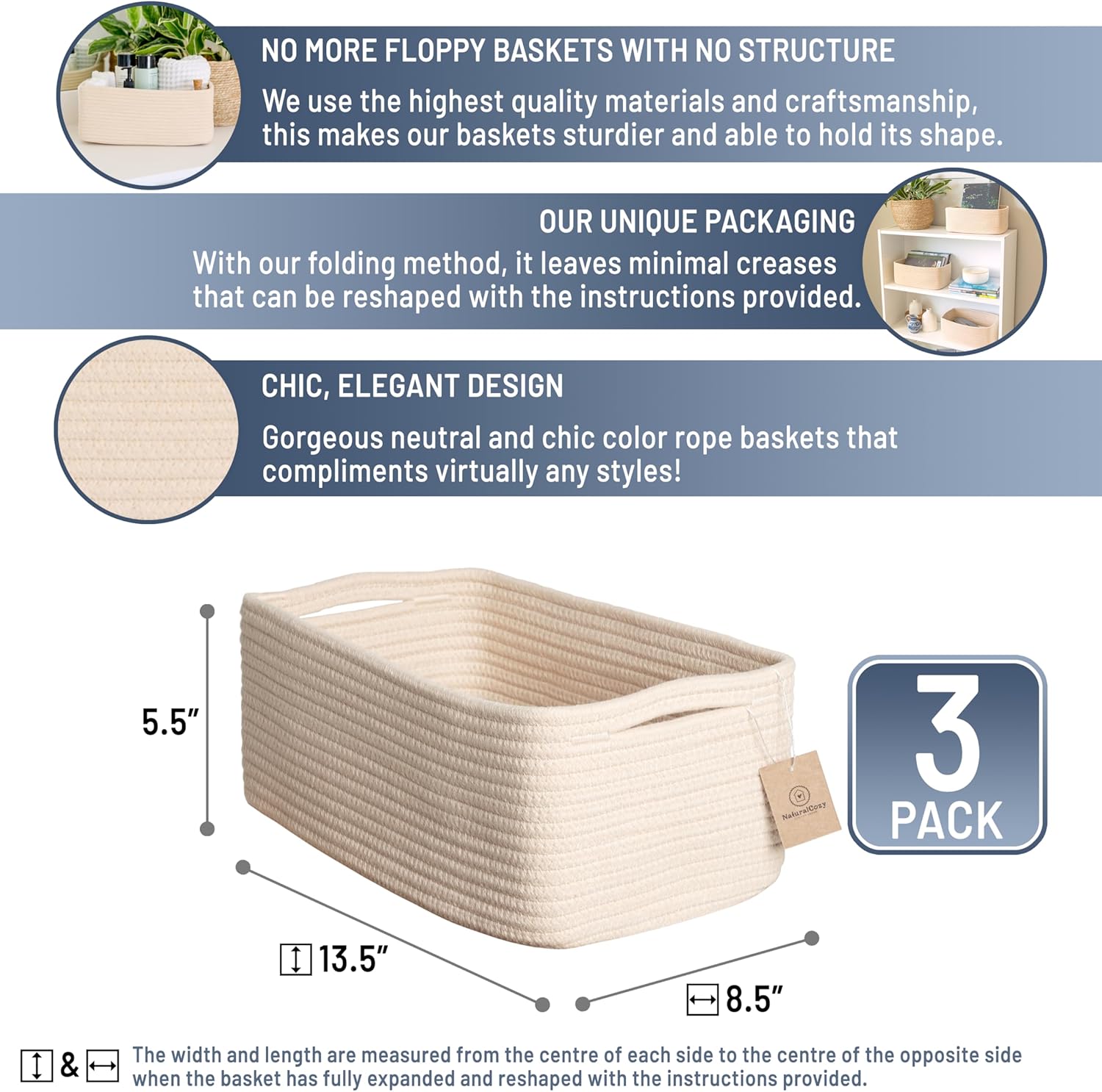 NaturalCozy 13.5”x8.5”x5.5” Storage Baskets for Shelves 3 Pack | Cotton Rope Woven Small Baskets