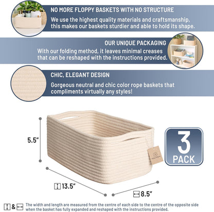 NaturalCozy 13.5”x8.5”x5.5” Storage Baskets for Shelves 3 Pack | Cotton Rope Woven Small Baskets