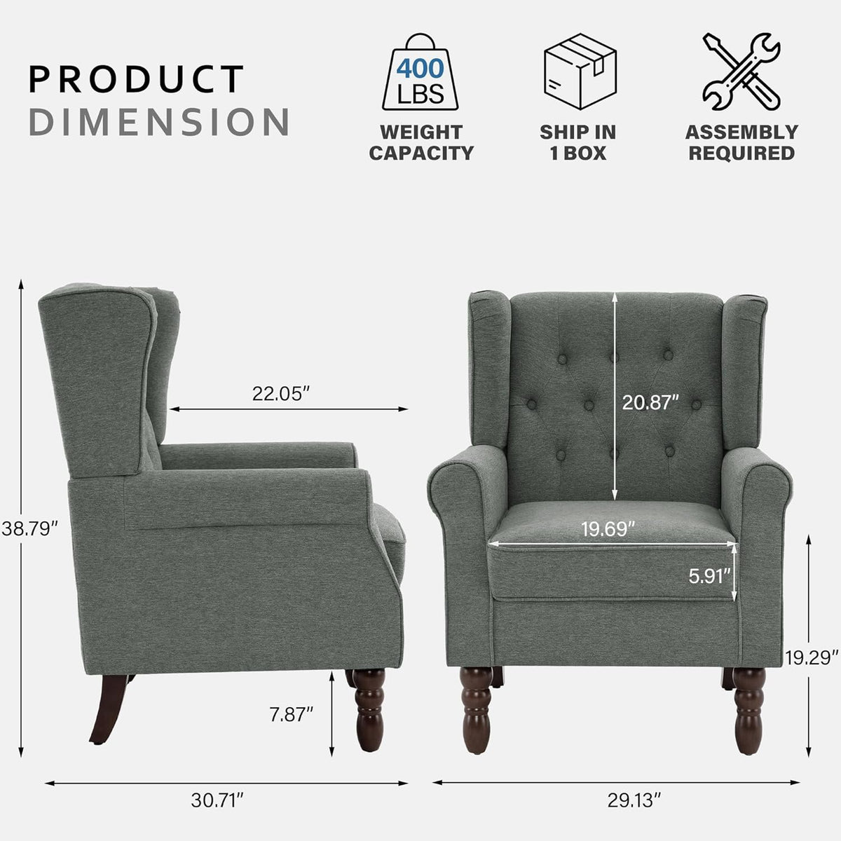 Lumibee High Back Accent Chair,Upholstered Wingback Armchair with Solid Wood Legs for Small